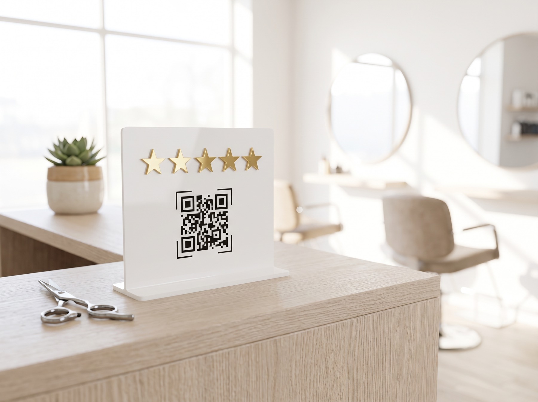 Espositore bianco per recensioni sul bancone reception di un salone di parrucchiere